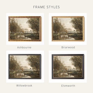 Fall Landscape Painting | Vintage Pond Wall Art | Large Ornate Gold Framed Canvas Print | N204