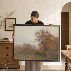 Fall artwork of rust and copper trees beside an olive green meadow under a pale gray sky, in a black and gold frame