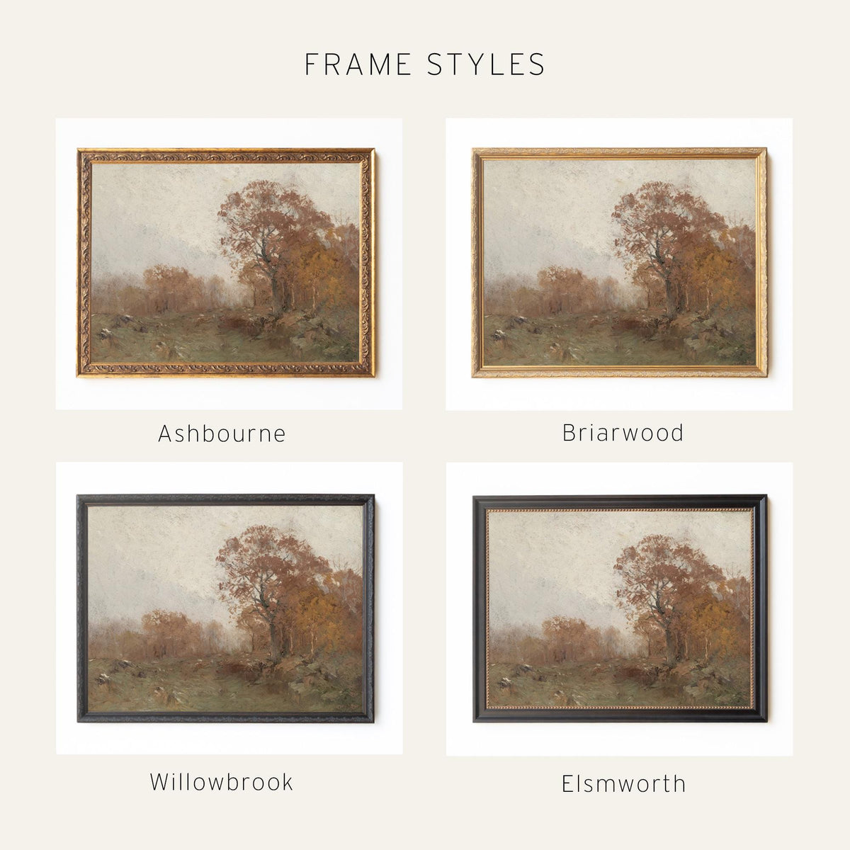 Fall Artwork | Vintage Wall Art of Autumn Trees and an Open Meadow | Landscape Canvas in Black and Gold Frame | N234