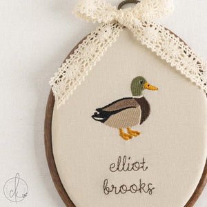 Duck Nursery Decor | Personalized Mallard Duck Embroidery Hoop | Baby Name Sign for Birth Announcement | E8