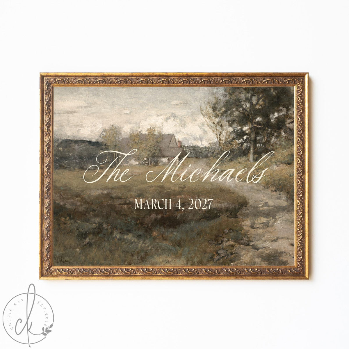 Wedding Ceremony Welcome Sign | Personalized Last Name and Date on Vintage Landscape Canvas | N183