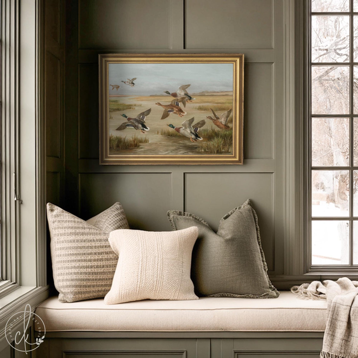 Mallard Duck Painting | Vintage Waterfowl Wall Art in Ornate Gold Frame | Framed Canvas for Office or Lake House | N176