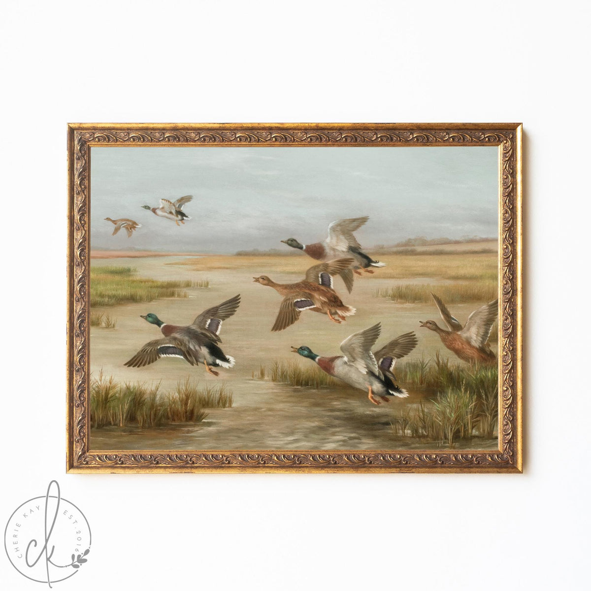 Mallard Duck Painting | Vintage Waterfowl Wall Art in Ornate Gold Frame | Framed Canvas for Office or Lake House | N176
