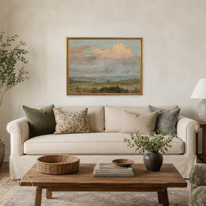 Countryside Landscape Framed Canvas | Pastel Clouds Over Green Valley | Vintage Countryside Wall Art Ornate Gold Frame | N136