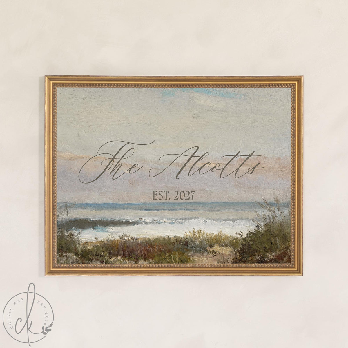 Beach Wedding Decor | Personalized Last Name Canvas in Gold Frame | Vintage Beach Landscape Art | N184