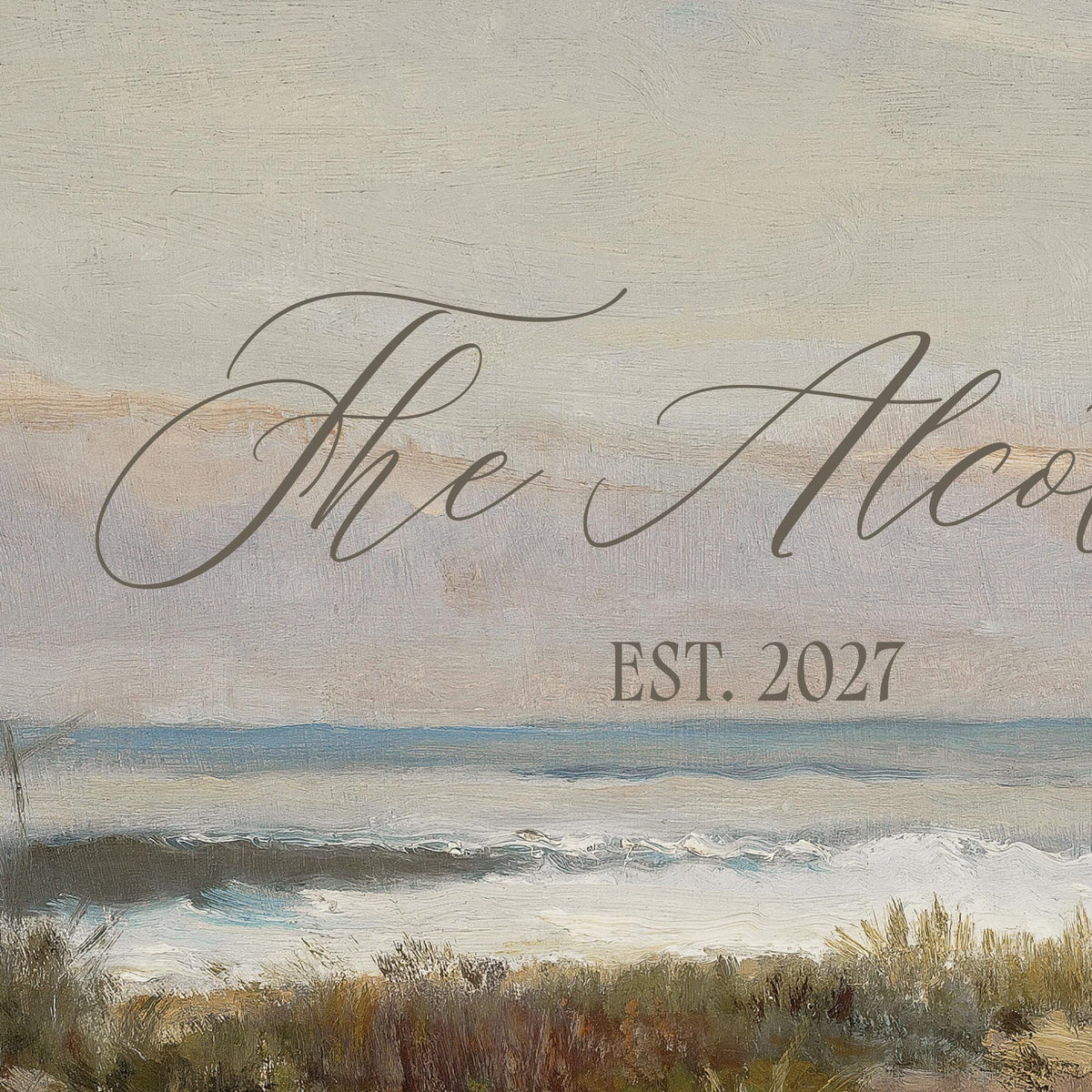 Beach Wedding Decor | Personalized Last Name Canvas in Gold Frame | Vintage Beach Landscape Art | N184