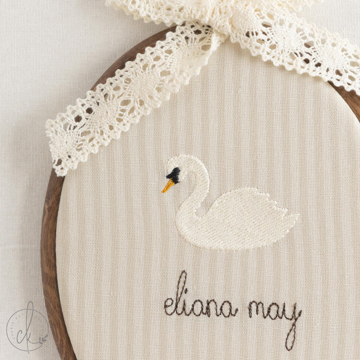 Swan Nursery Decor | Personalized Embroidered Name Sign | Lace Bow Hoop for Baby Girl Room | E10