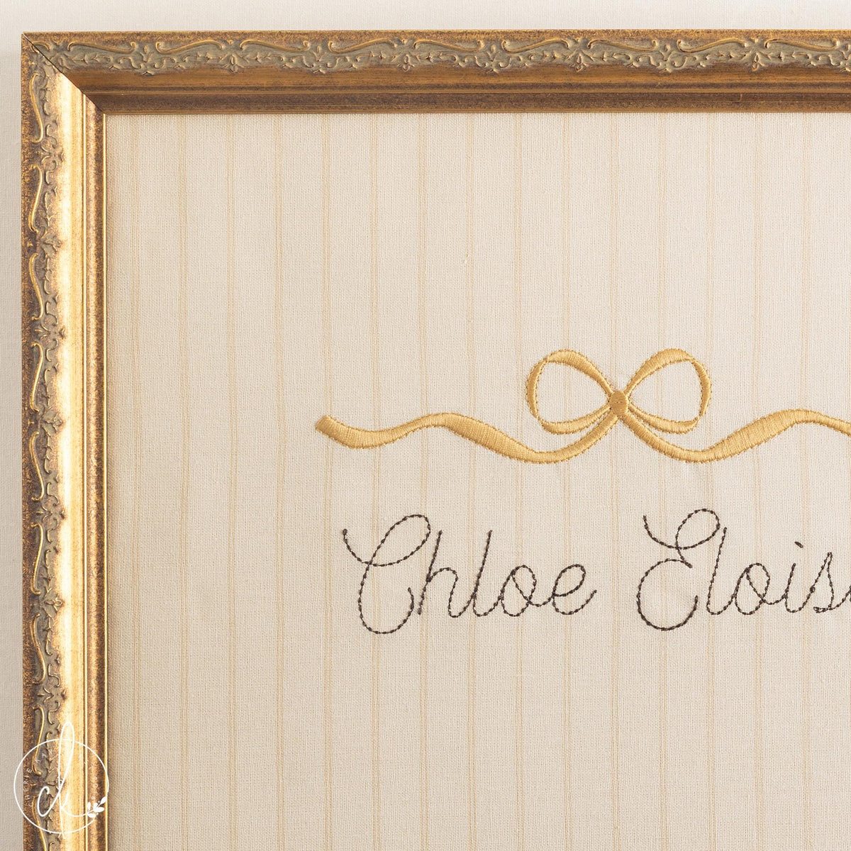 Girl Nursery Decor | Personalized Name Sign with Bow | Embroidered Ornate Gold Frame