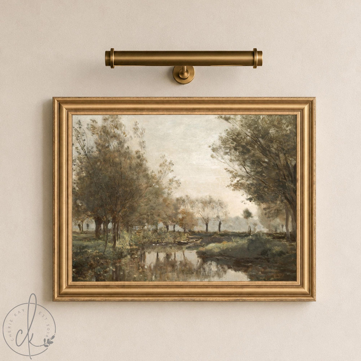 Fall Landscape Painting | Vintage Pond Wall Art | Large Ornate Gold Framed Canvas Print | N204