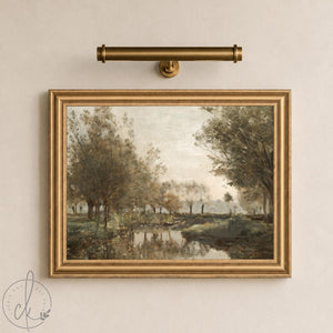 Fall Landscape Painting | Vintage Pond Wall Art | Large Ornate Gold Framed Canvas Print | N204