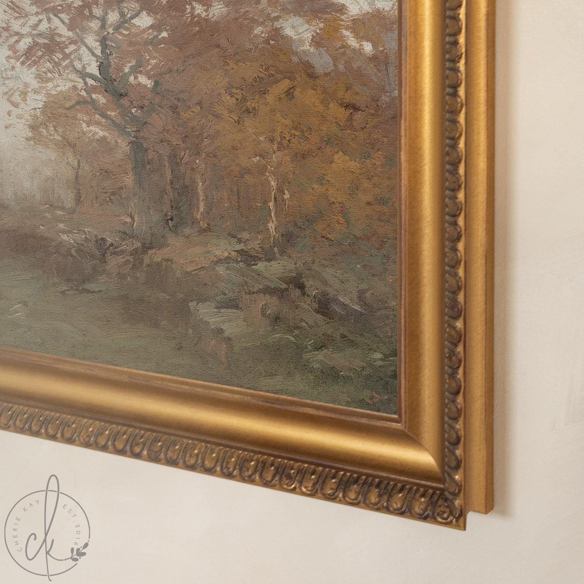 Fall Artwork | Vintage Wall Art of Autumn Trees and an Open Meadow | Landscape Canvas in Black and Gold Frame | N234