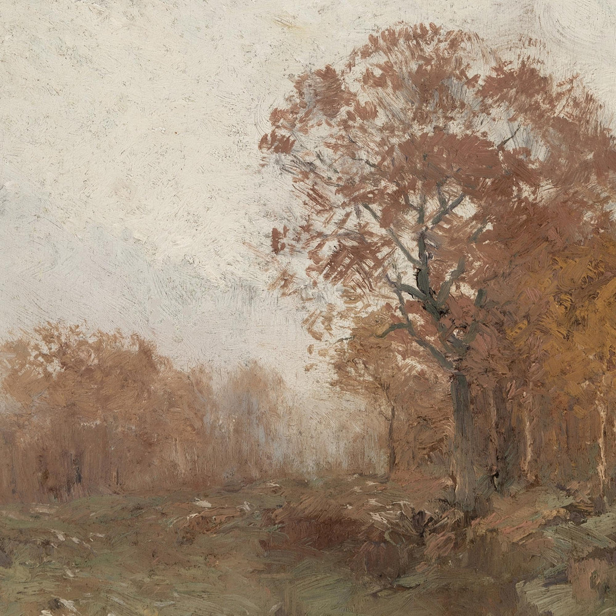 Fall Artwork | Vintage Wall Art of Autumn Trees and an Open Meadow | Landscape Canvas in Black and Gold Frame | N234