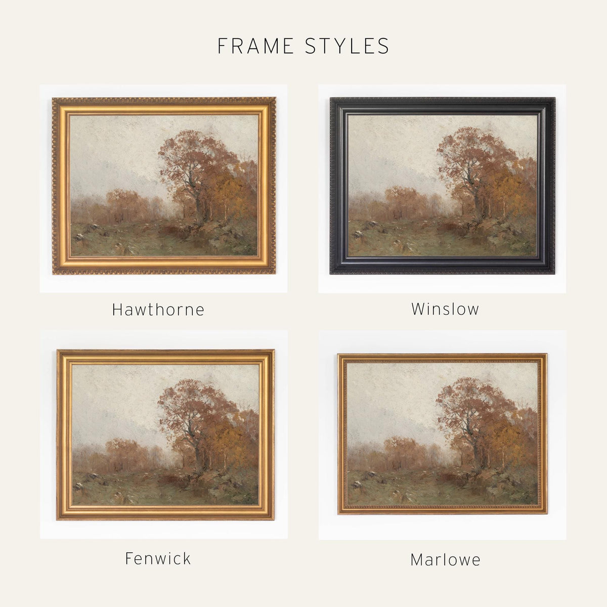 Fall Artwork | Vintage Wall Art of Autumn Trees and an Open Meadow | Landscape Canvas in Black and Gold Frame | N234