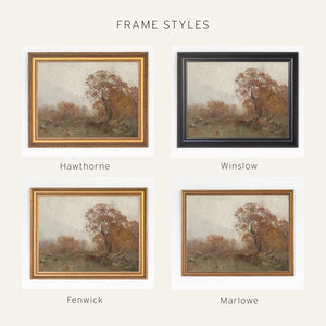 Fall Artwork | Vintage Wall Art of Autumn Trees and an Open Meadow | Landscape Canvas in Black and Gold Frame | N234