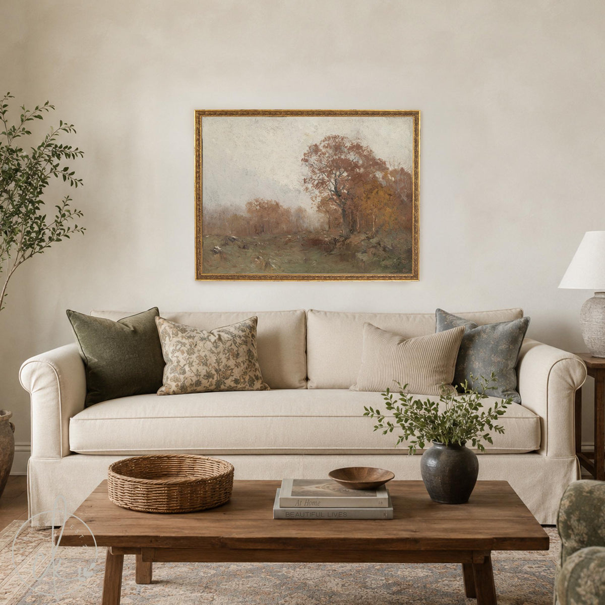 Fall Artwork | Vintage Wall Art of Autumn Trees and an Open Meadow | Landscape Canvas in Black and Gold Frame | N234