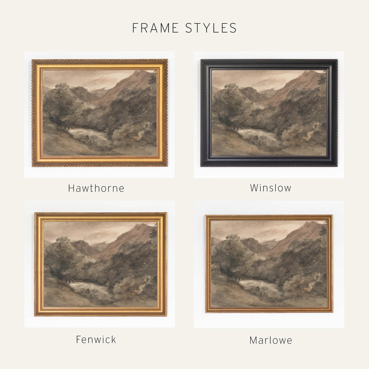 Dark Landscape Painting | Moody Fall Wall Art | Large Black and Gold Framed Canvas Print | N49