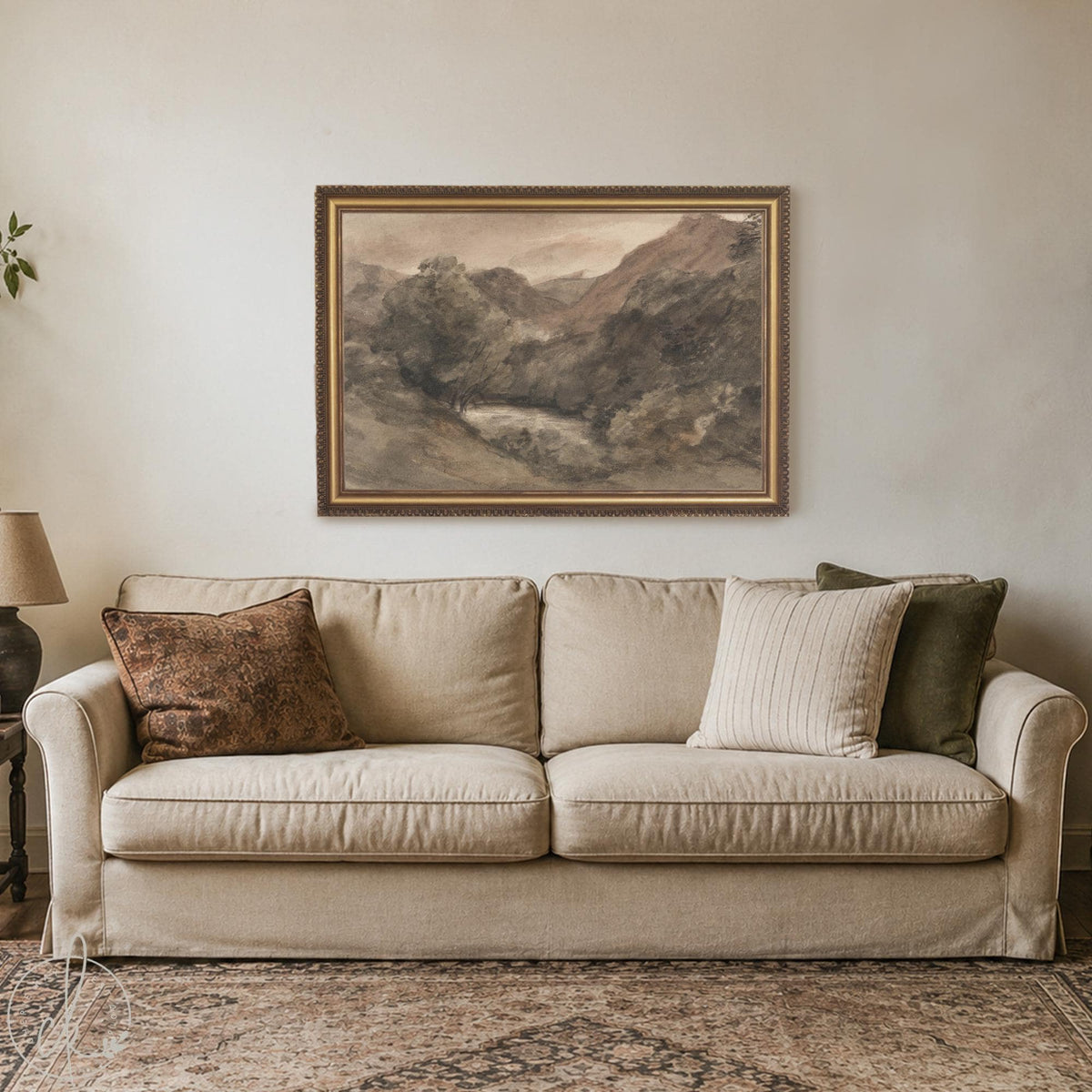 Dark Landscape Painting | Moody Fall Wall Art | Large Black and Gold Framed Canvas Print | N49