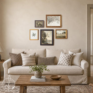 Gallery wall living room set of five framed vintage prints in black and gold frames hung above a beige sofa.