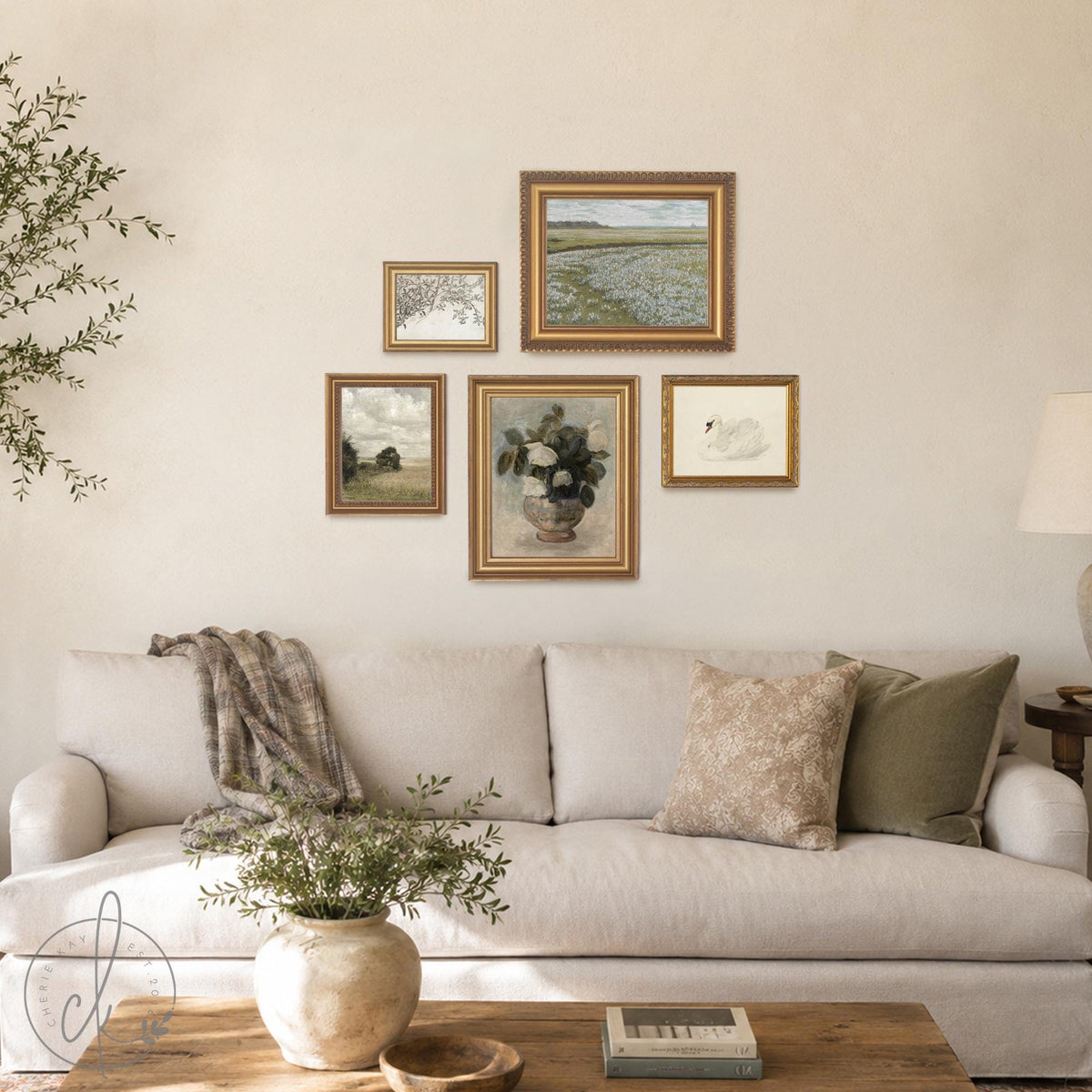 Entryway Gallery Wall Prints | Wildflower Field and Swan Set of 5 | Gold Framed Art | G10-1
