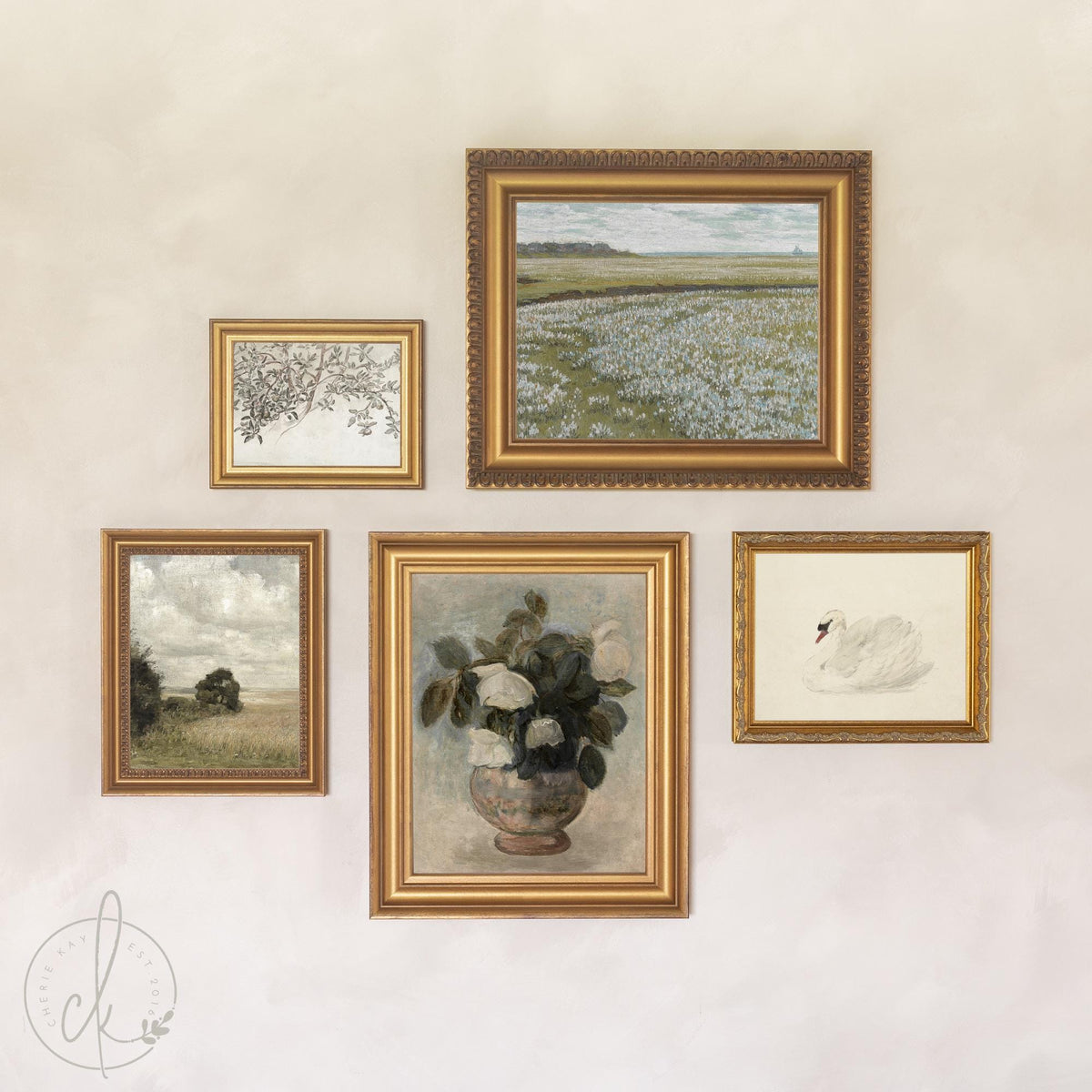 Entryway Gallery Wall Prints | Wildflower Field and Swan Set of 5 | Gold Framed Art | G10-1
