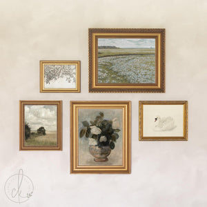 Entryway Gallery Wall Prints | Wildflower Field and Swan Set of 5 | Gold Framed Art | G10-1