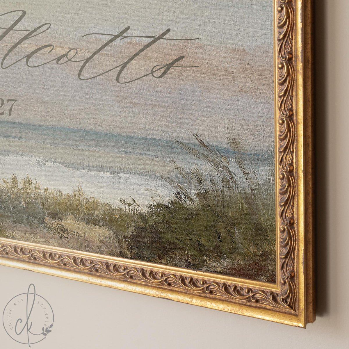 Beach Wedding Decor | Personalized Last Name Canvas in Gold Frame | Vintage Beach Landscape Art | N184