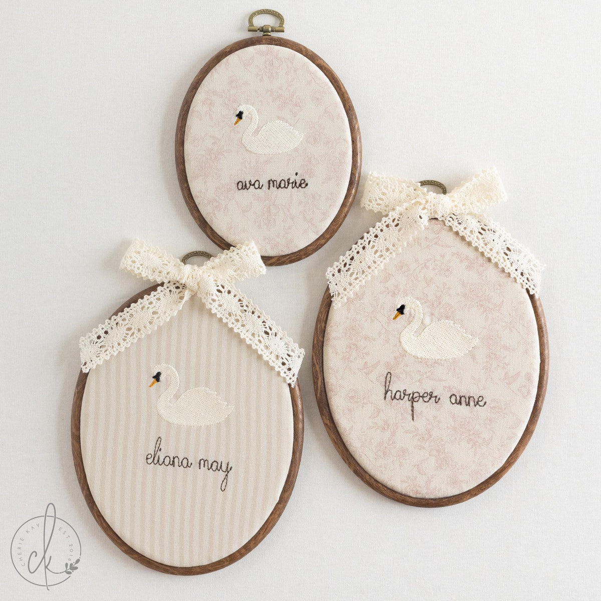 Swan Nursery Decor | Personalized Embroidered Name Sign | Lace Bow Hoop for Baby Girl Room | E10