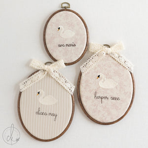 Swan Nursery Decor | Personalized Embroidered Name Sign | Lace Bow Hoop for Baby Girl Room | E10