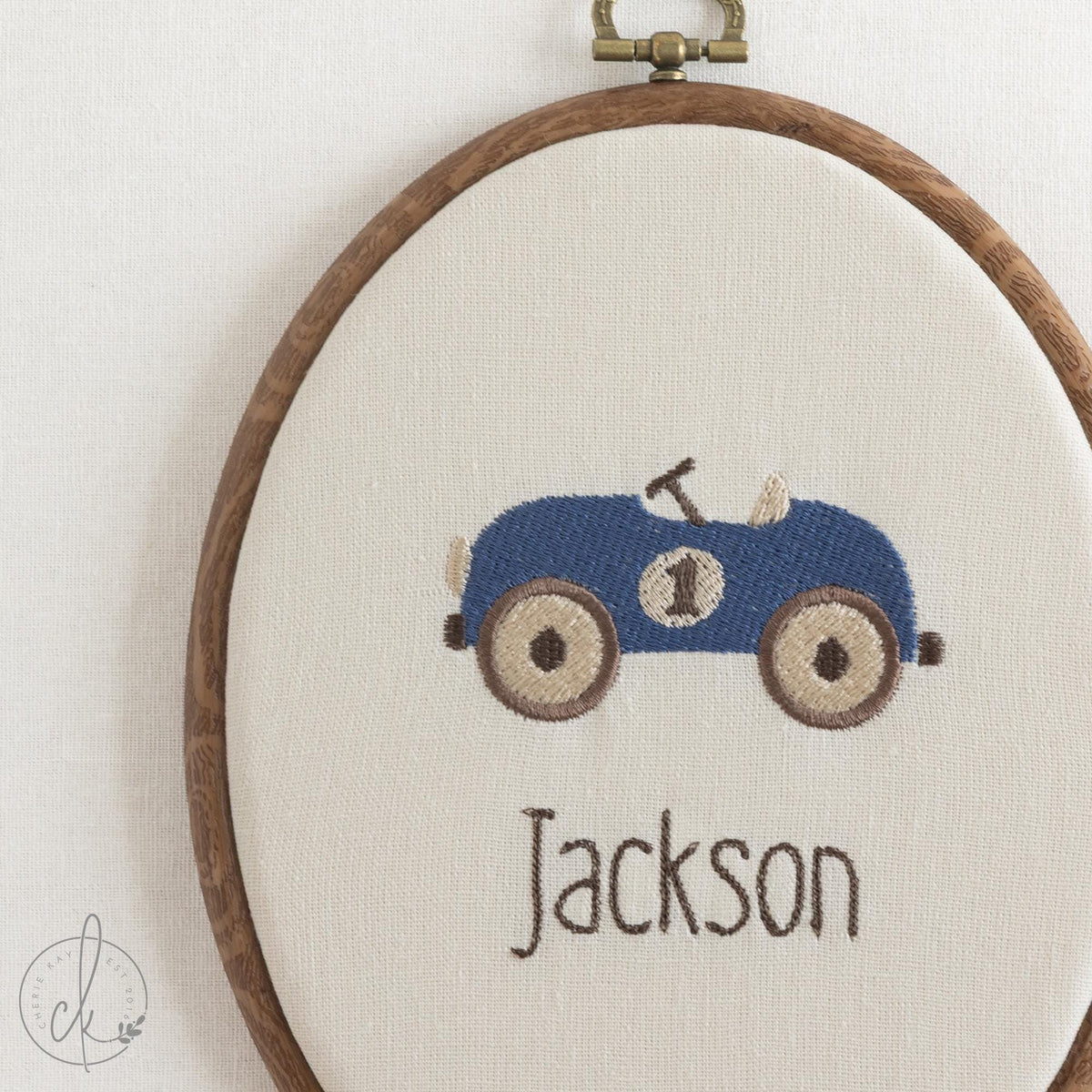 Car Nursery Decor | Vintage Embroidered Custom Name Hoop | Baby Boy Room Wall Art | E11