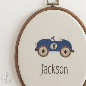 Car Nursery Decor | Vintage Embroidered Custom Name Hoop | Baby Boy Room Wall Art | E11