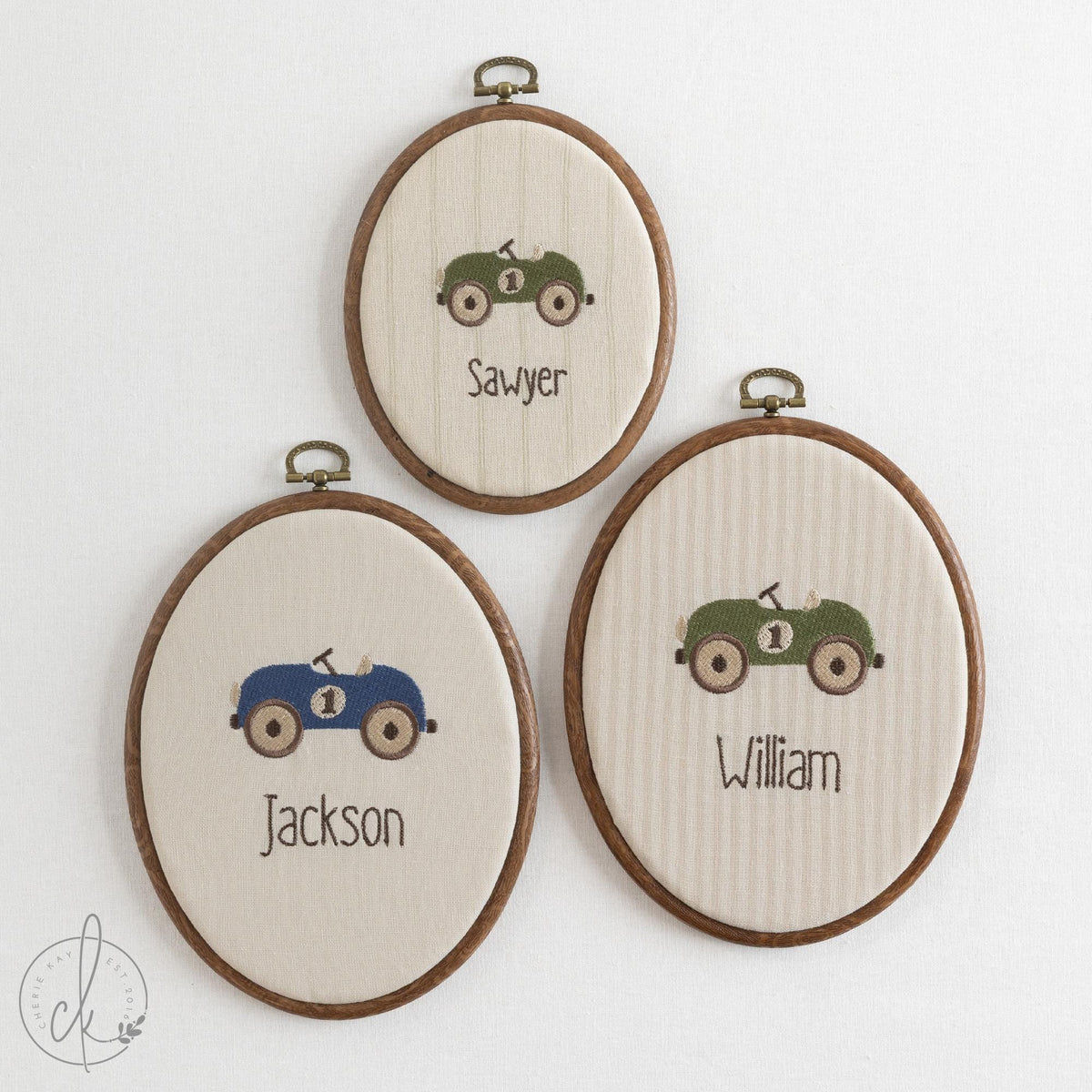 Car Nursery Decor | Vintage Embroidered Custom Name Hoop | Baby Boy Room Wall Art | E11