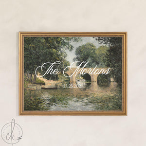 Personalized Home Sign | Family Name Wall Decor | Vintage Bridge Painting with Wedding Date | N123