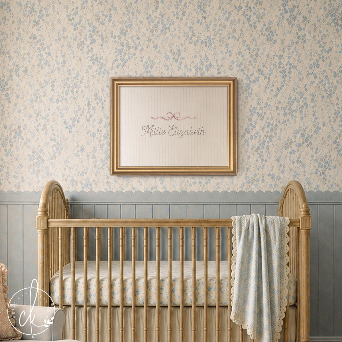 Girl Nursery Decor | Personalized Name Sign with Bow | Embroidered Ornate Gold Frame