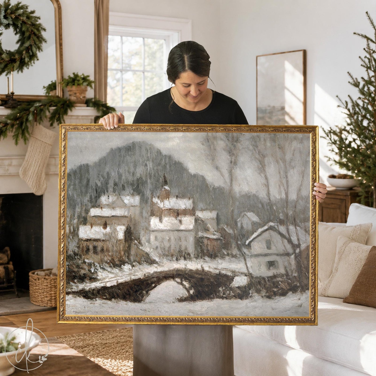 Christmas framed pictures: snowy village with a church steeple and stone bridge in an ornate gold frame.