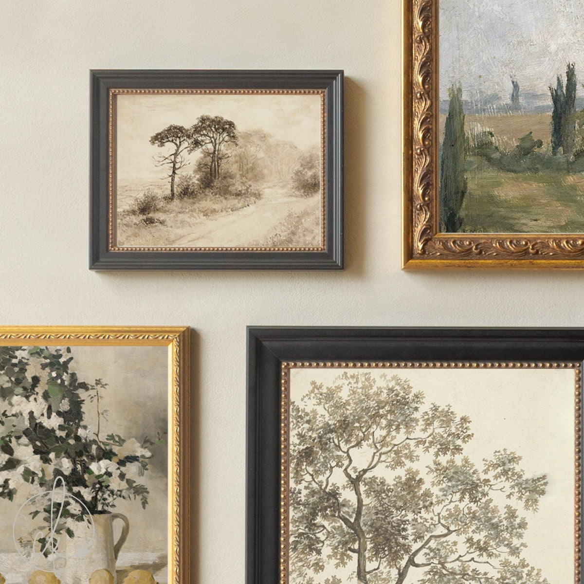 Picture Collage Wall Canvas Prints | Gold Framed Vintage Artwork | Over the Sofa Art | G23