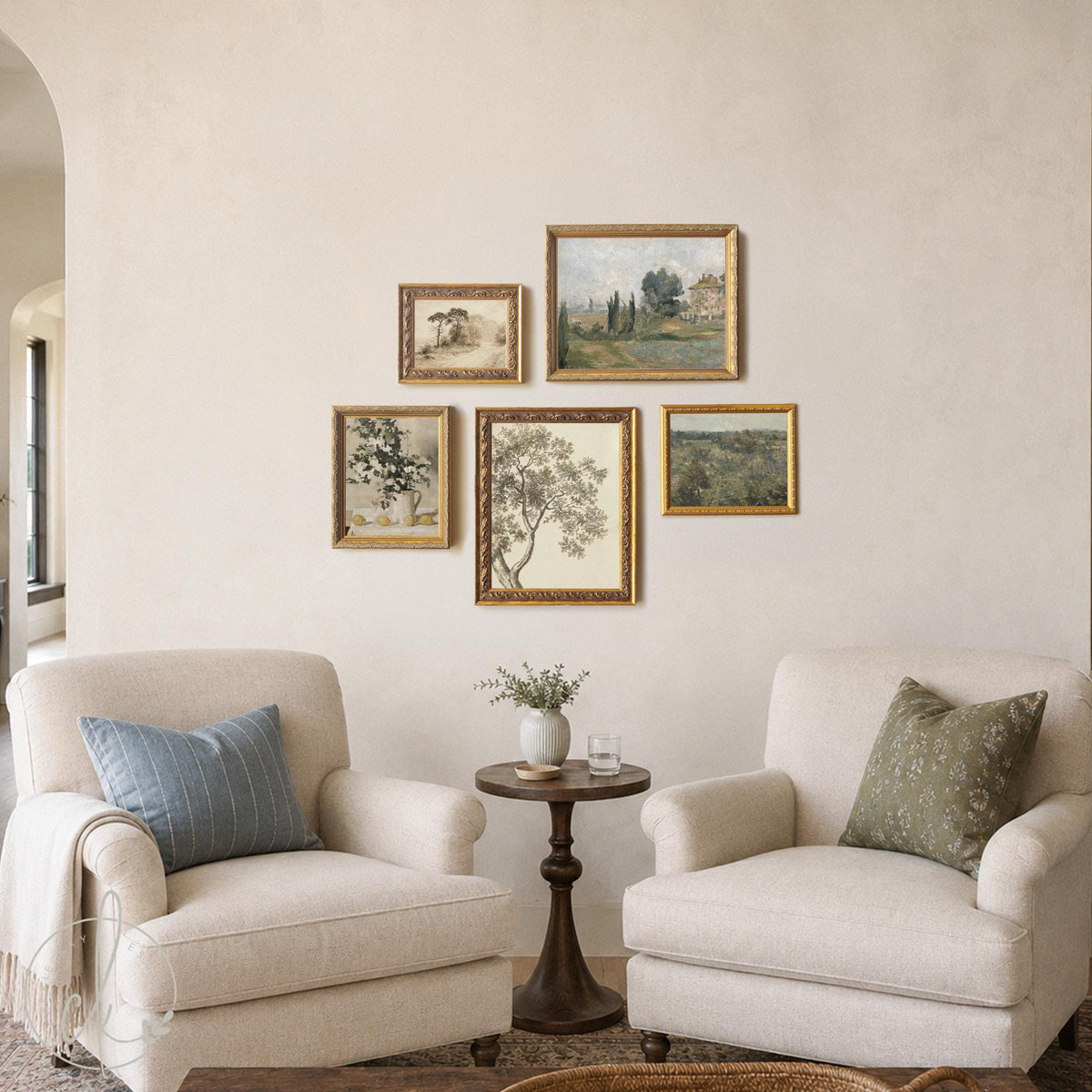 Picture Collage Wall Canvas Prints | Gold Framed Vintage Artwork | Over the Sofa Art | G23