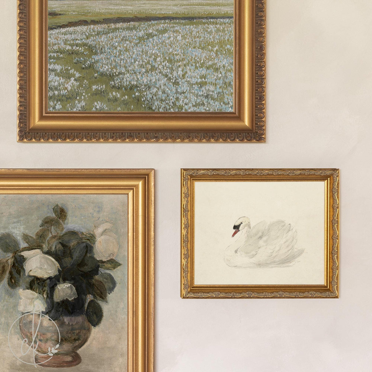 Entryway Gallery Wall Prints | Wildflower Field and Swan Set of 5 | Gold Framed Art | G10-1