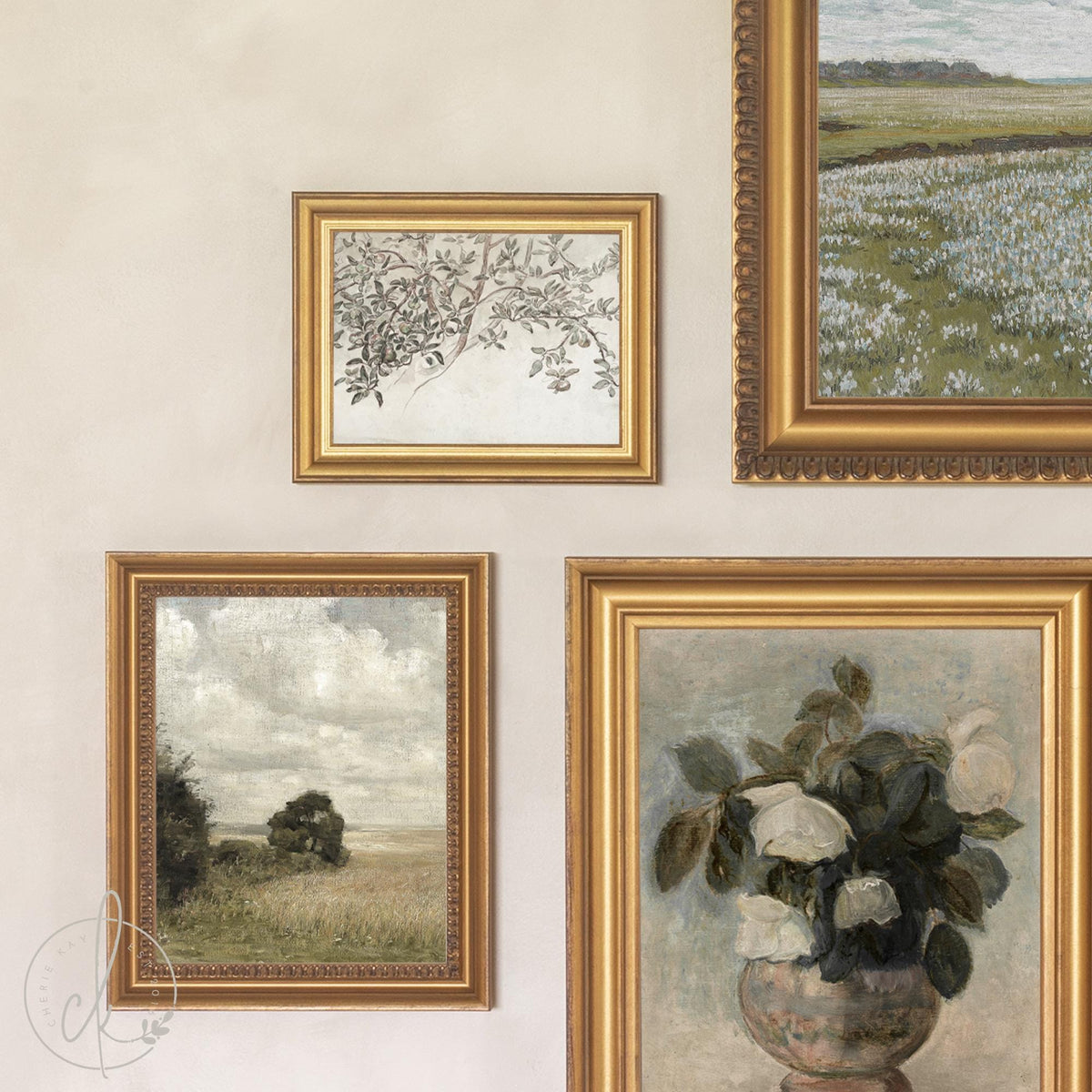 Entryway Gallery Wall Prints | Wildflower Field and Swan Set of 5 | Gold Framed Art | G10-1