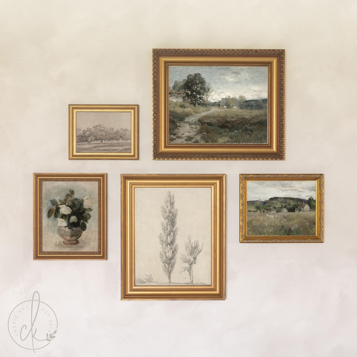 Vintage Landscape Prints | 5 Gallery Wall Prints, Ornate Gold Frames | Hallway Wall Art | G22-1