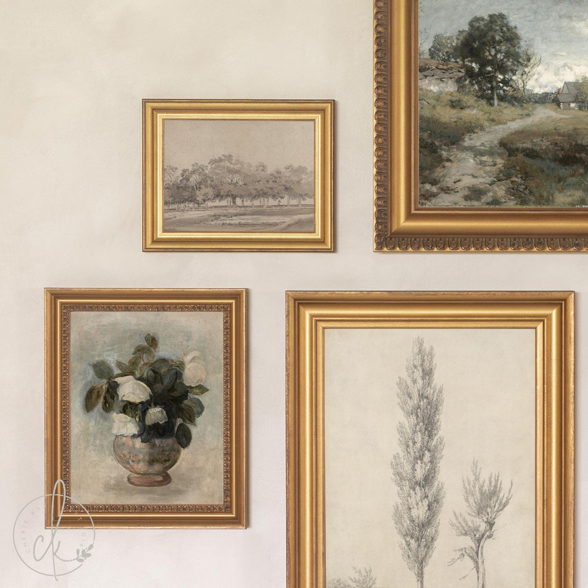 Vintage Landscape Prints | 5 Gallery Wall Prints, Ornate Gold Frames | Hallway Wall Art | G22-1