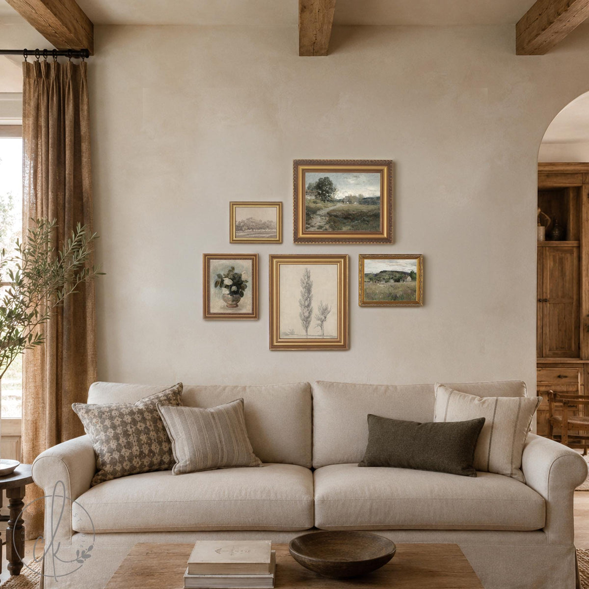 Vintage Landscape Prints | 5 Gallery Wall Prints, Ornate Gold Frames | Hallway Wall Art | G22-1