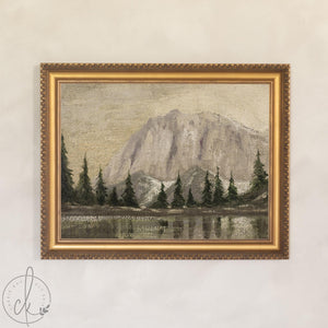 Mountain Artwork | Vintage Pine and Lake Canvas Print | Black Ornate Frame for Living Room | N241