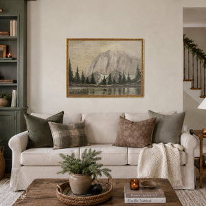Mountain Artwork | Vintage Pine and Lake Canvas Print | Black Ornate Frame for Living Room | N241