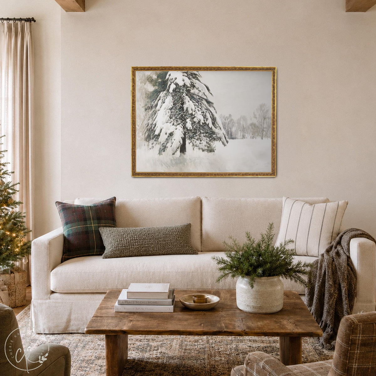 Christmas Decor for Wall | Snow Covered Tree Painting | Large Ornate Gold Framed Canvas | N224