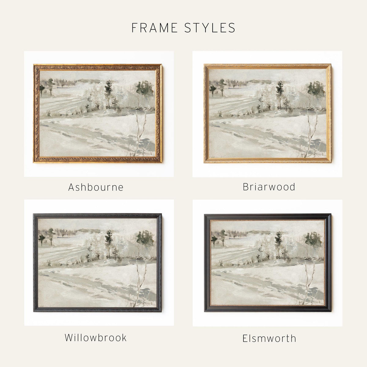 Country Christmas Decor | Snowy Winter Hillside Canvas Print | Ornate Gold Frame Wall Art | N127