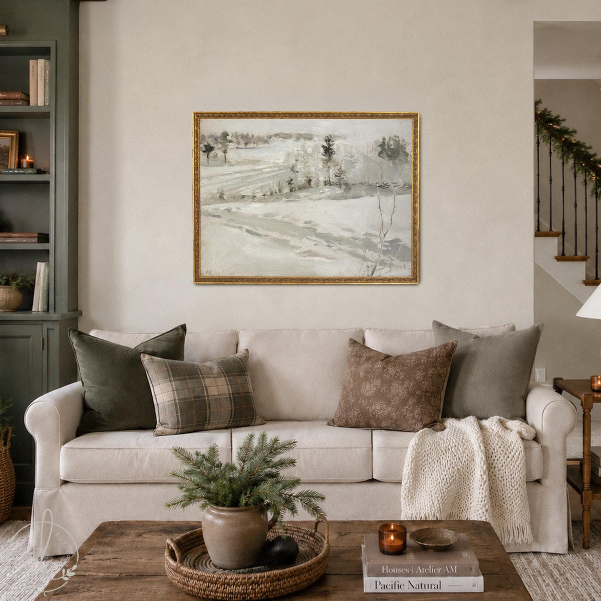 Country Christmas Decor | Snowy Winter Hillside Canvas Print | Ornate Gold Frame Wall Art | N127