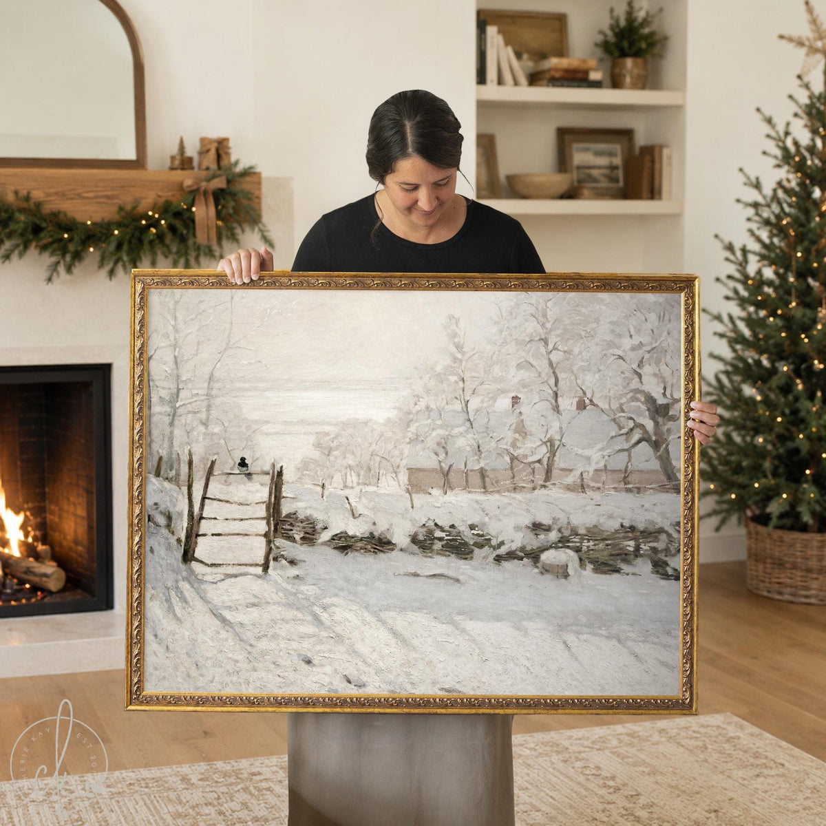 Monet The Magpie print in an ornate gold frame, snowy farm with a magpie on a gate, shown in a Christmas living room