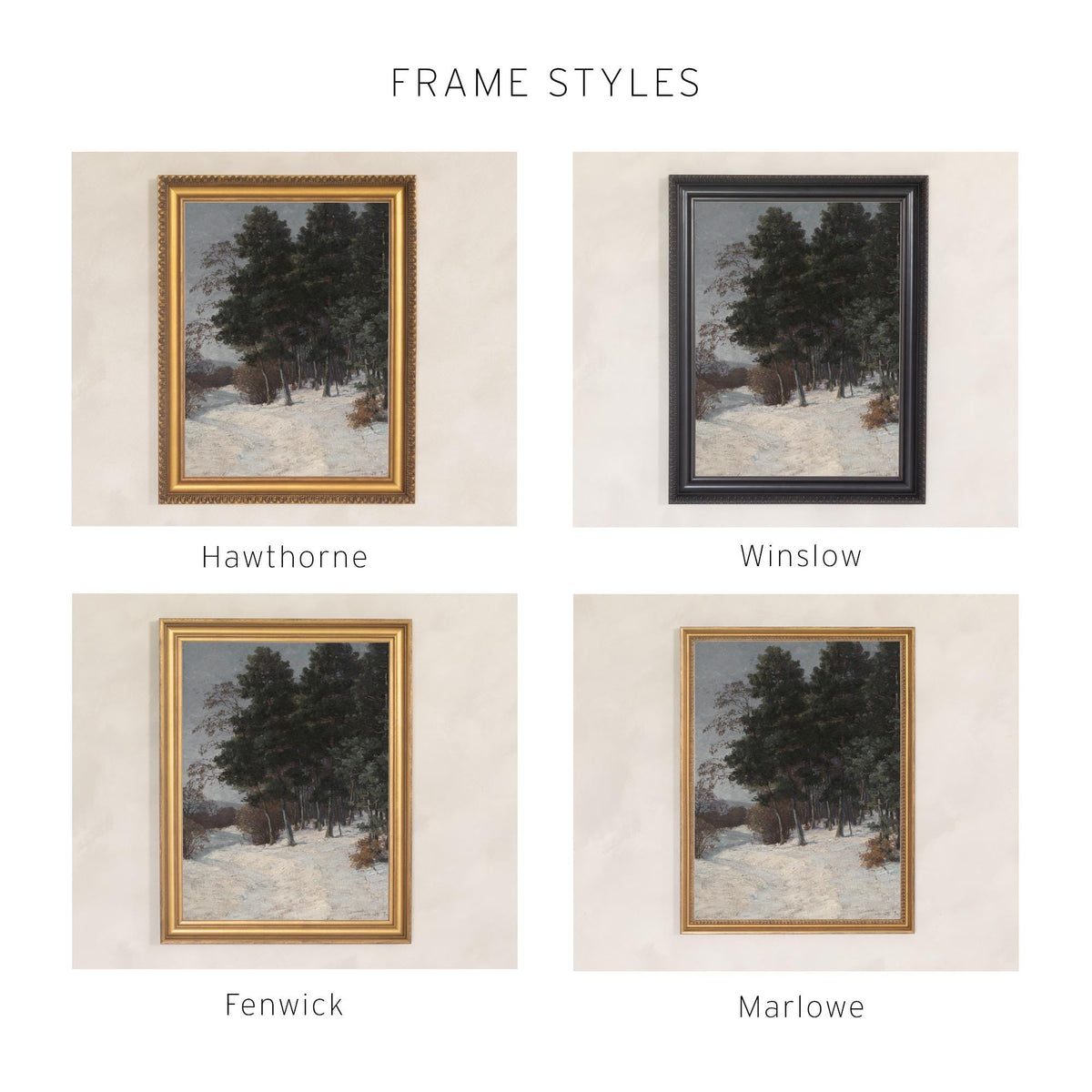 Winter Home Decor | Moody Vertical Evergreen Forest Painting | Ornate Gold Framed Canvas | N186