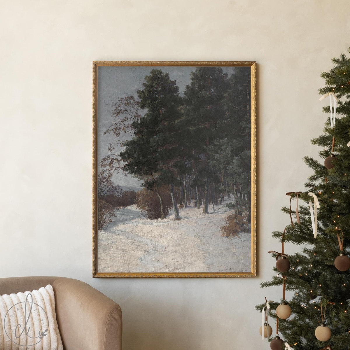 Winter Home Decor | Moody Vertical Evergreen Forest Painting | Ornate Gold Framed Canvas | N186