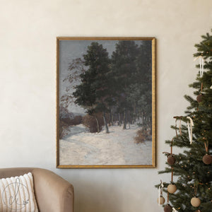 Winter Home Decor | Moody Vertical Evergreen Forest Painting | Ornate Gold Framed Canvas | N186